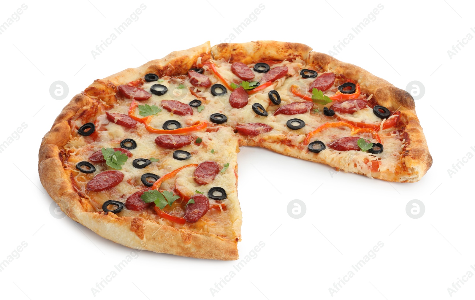 Photo of Tasty pizza with dry smoked sausages, olives, pepper and cheese isolated on white