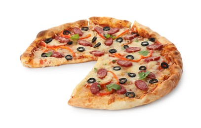 Photo of Tasty pizza with dry smoked sausages, olives, pepper and cheese isolated on white