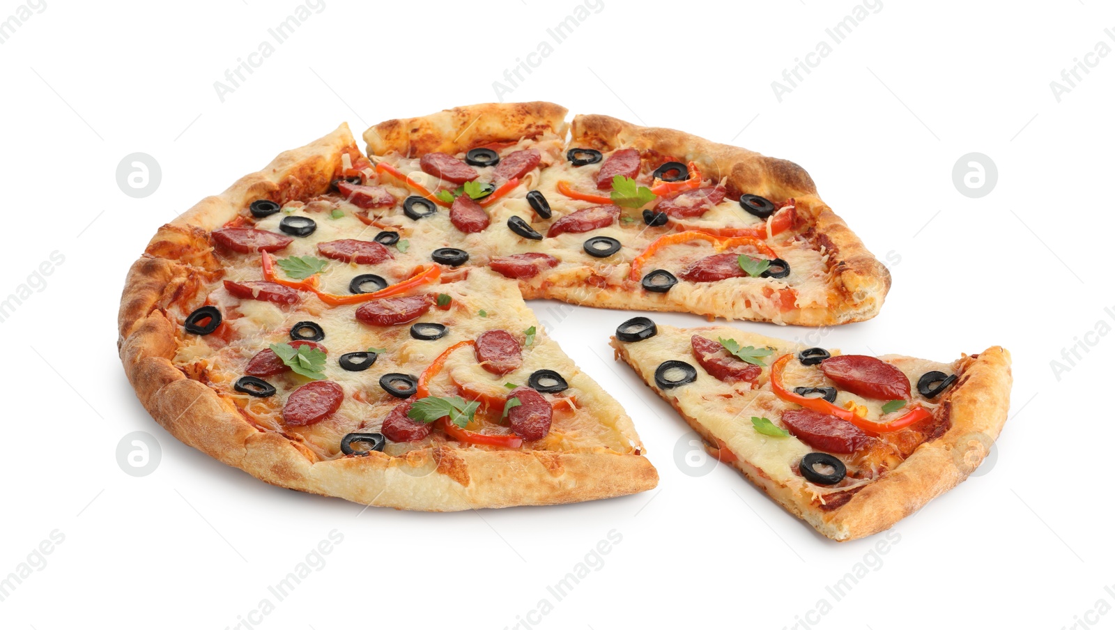 Photo of Tasty pizza with dry smoked sausages, olives, pepper and cheese isolated on white