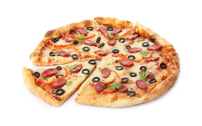 Tasty pizza with dry smoked sausages, olives, pepper and cheese isolated on white