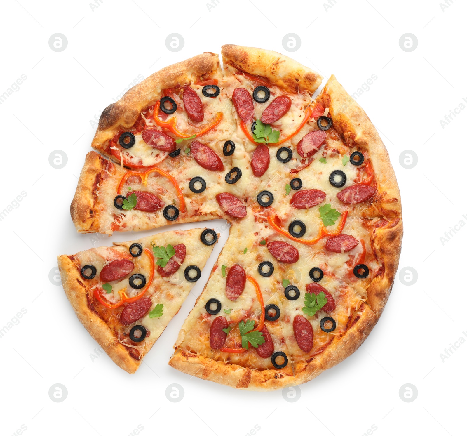 Photo of Tasty pizza with dry smoked sausages, olives, pepper and cheese isolated on white, top view