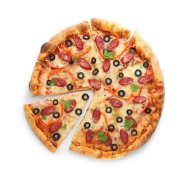 Photo of Tasty pizza with dry smoked sausages, olives, pepper and cheese isolated on white, top view