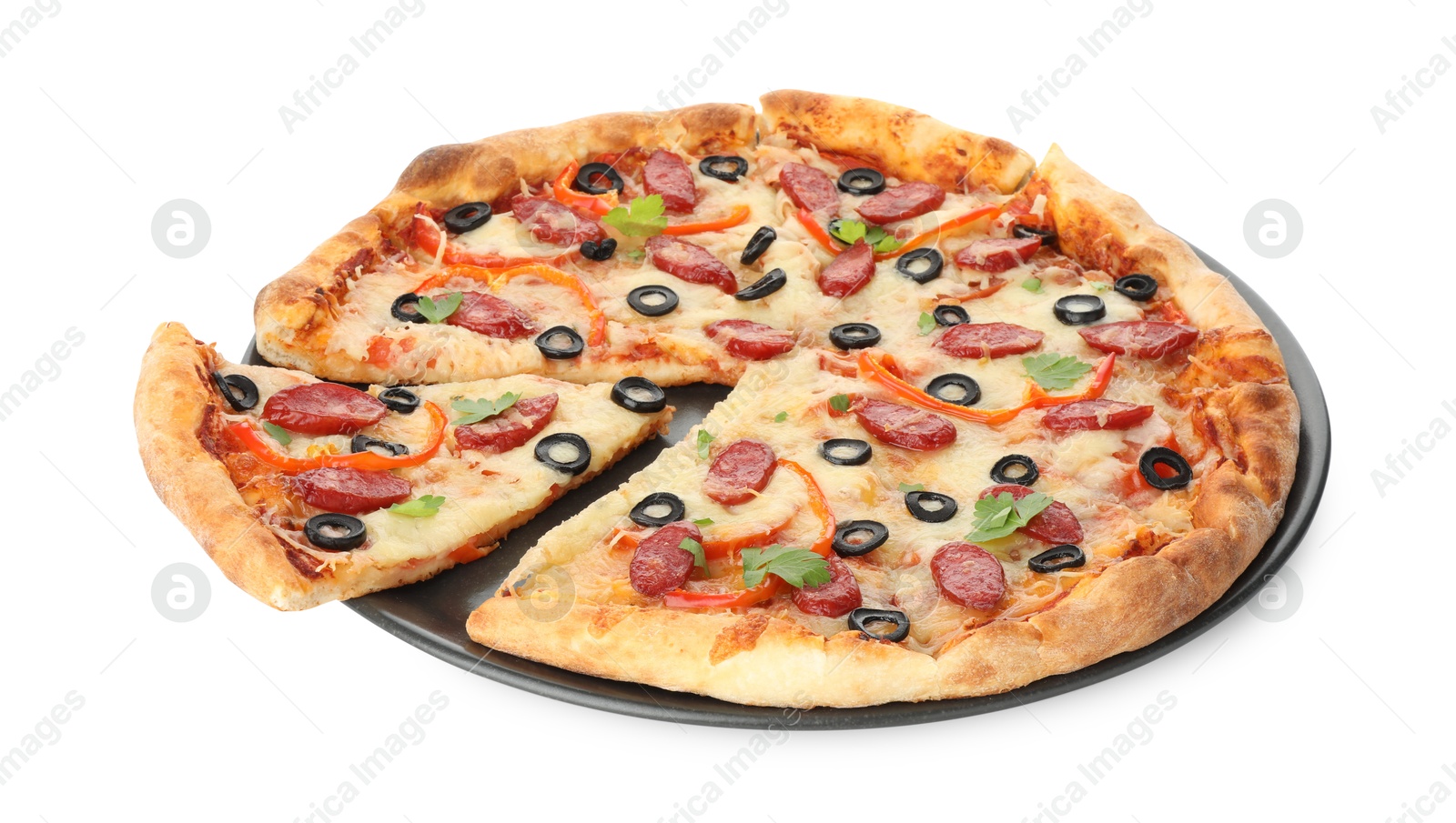 Photo of Tasty pizza with dry smoked sausages, olives, pepper and cheese isolated on white