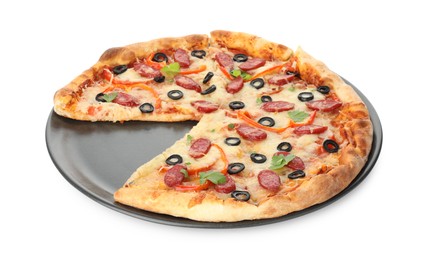 Photo of Tasty pizza with dry smoked sausages, olives, pepper and cheese isolated on white