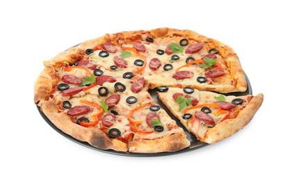 Photo of Tasty pizza with dry smoked sausages, olives, pepper and cheese isolated on white