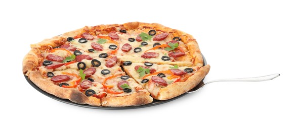 Photo of Tasty pizza with dry smoked sausages, olives, pepper and cheese isolated on white