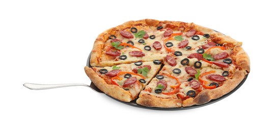 Photo of Tasty pizza with dry smoked sausages, olives, pepper and cheese isolated on white