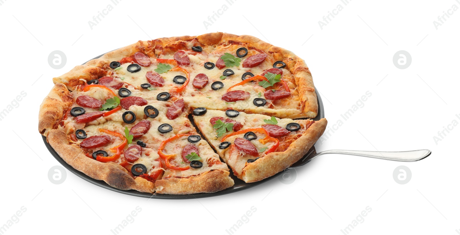 Photo of Tasty pizza with dry smoked sausages, olives, pepper and cheese isolated on white