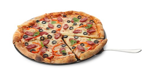 Photo of Tasty pizza with dry smoked sausages, olives, pepper and cheese isolated on white