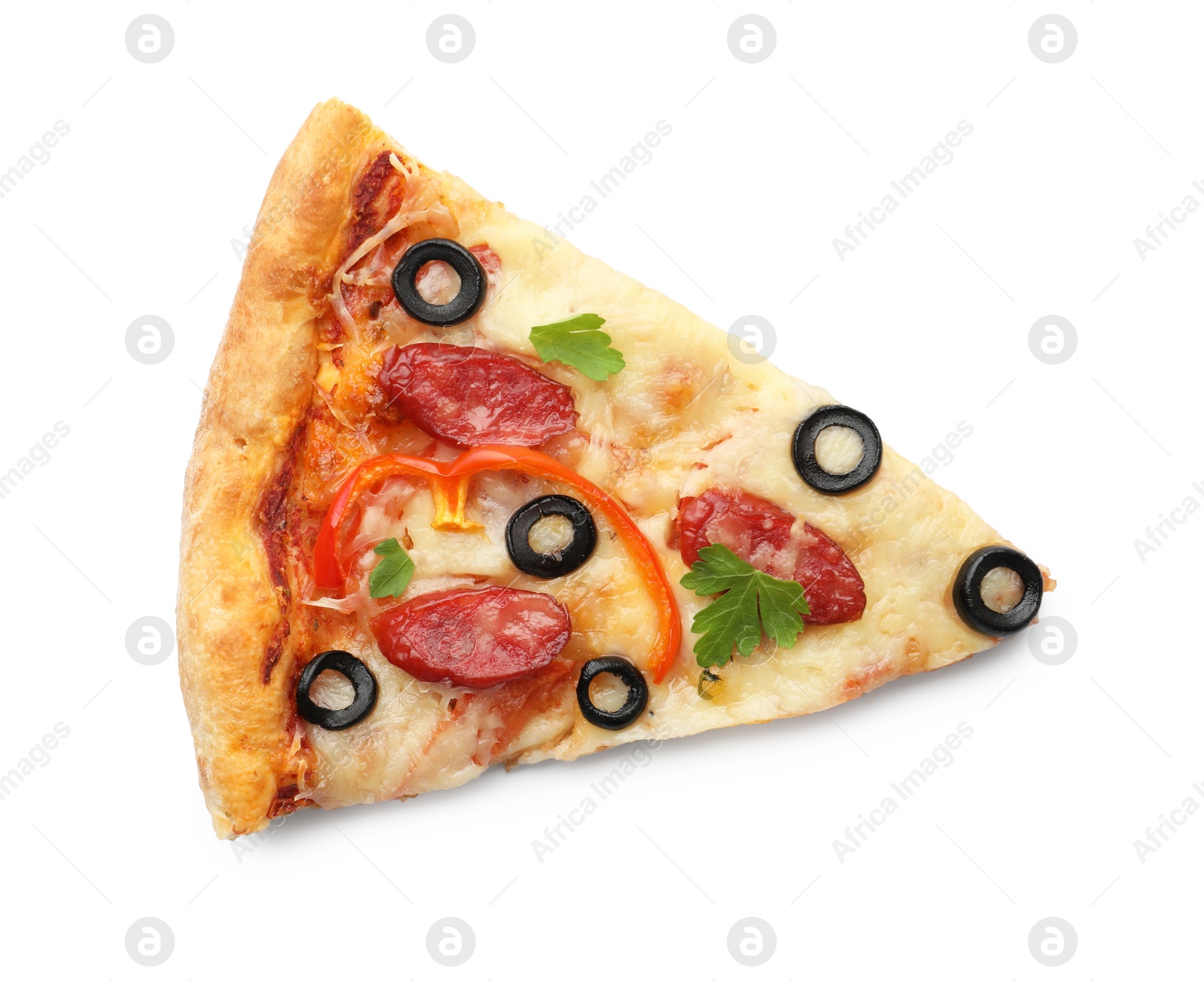 Photo of Piece of tasty pizza with dry smoked sausages, olives, pepper and parsley isolated on white, top view