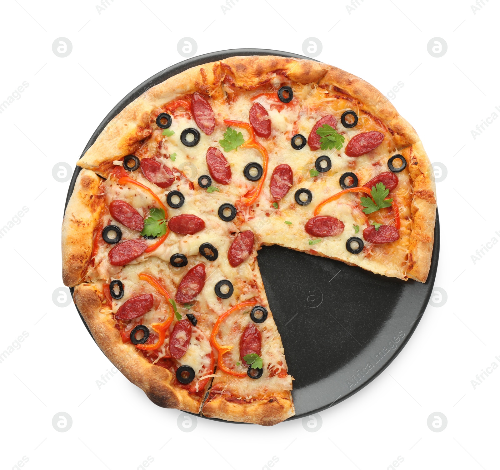 Photo of Tasty pizza with dry smoked sausages, olives, pepper and parsley isolated on white, top view