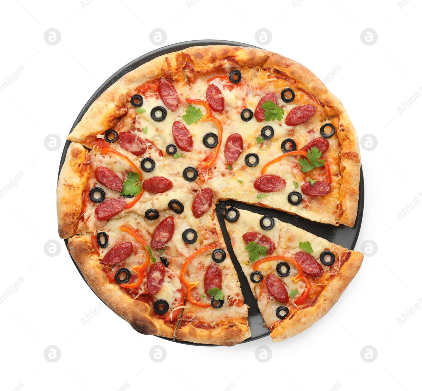 Photo of Tasty pizza with dry smoked sausages, olives, pepper and parsley isolated on white, top view