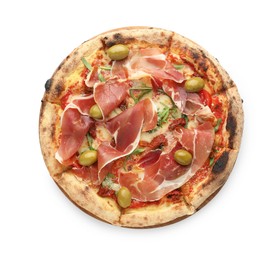 Photo of Tasty pizza with cured ham, olives and sun-dried tomato isolated on white, top view