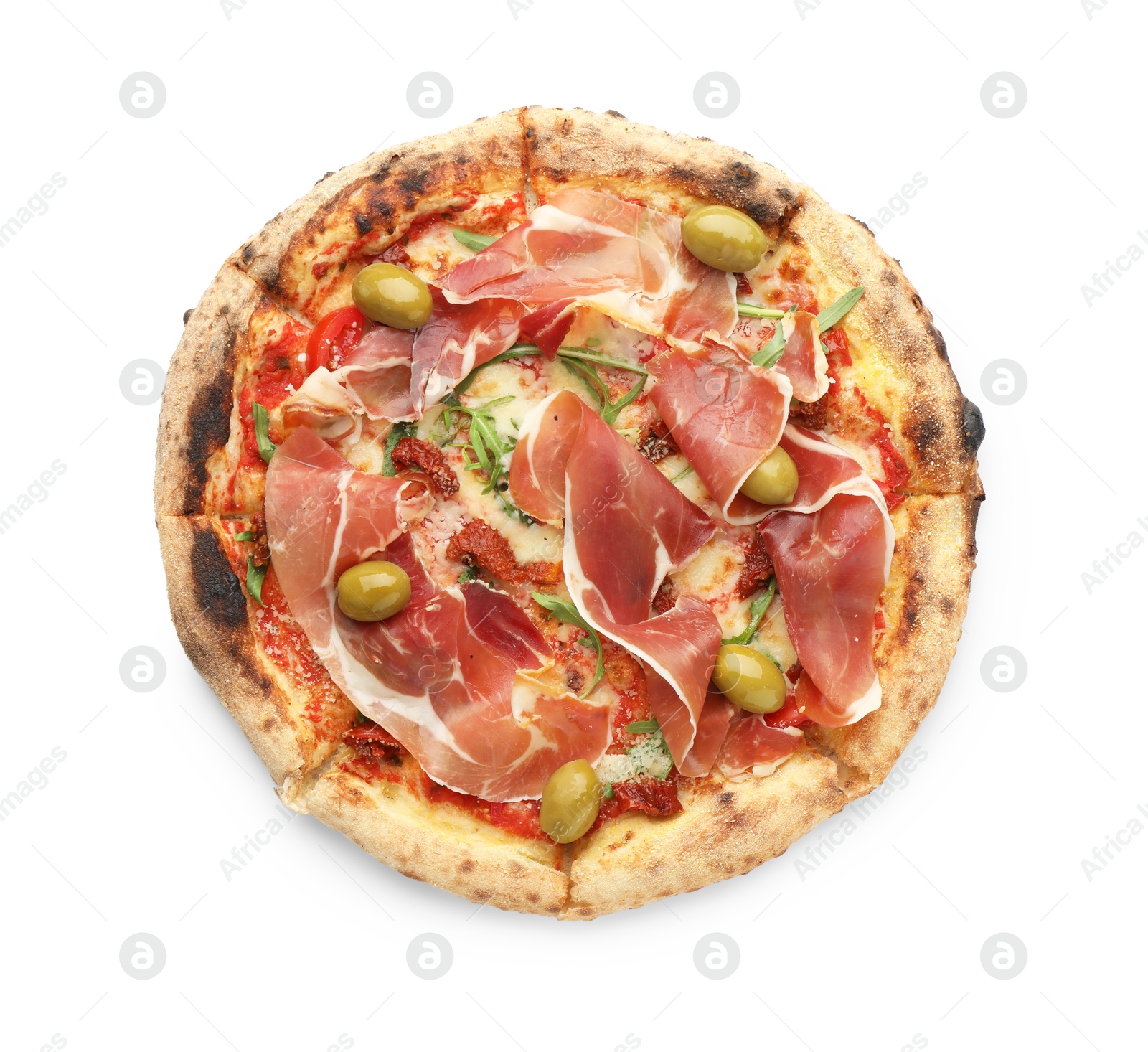 Photo of Tasty pizza with cured ham, olives and sun-dried tomato isolated on white, top view