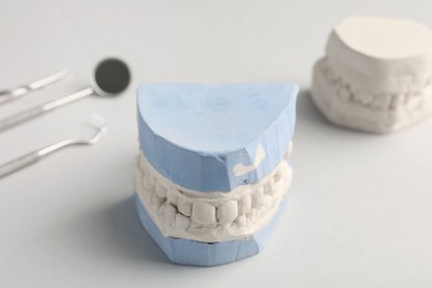 Photo of Dental models with gums and dentist tools on gray background, closeup. Cast of teeth