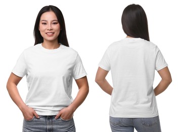 Image of Woman wearing white t-shirt on white background, collage of photos. Front and back views