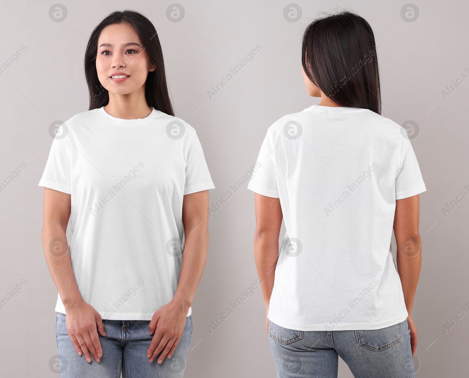 Image of Woman wearing white t-shirt on light grey background, collage of photos. Front and back views