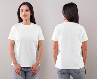 Image of Woman wearing white t-shirt on light grey background, collage of photos. Front and back views