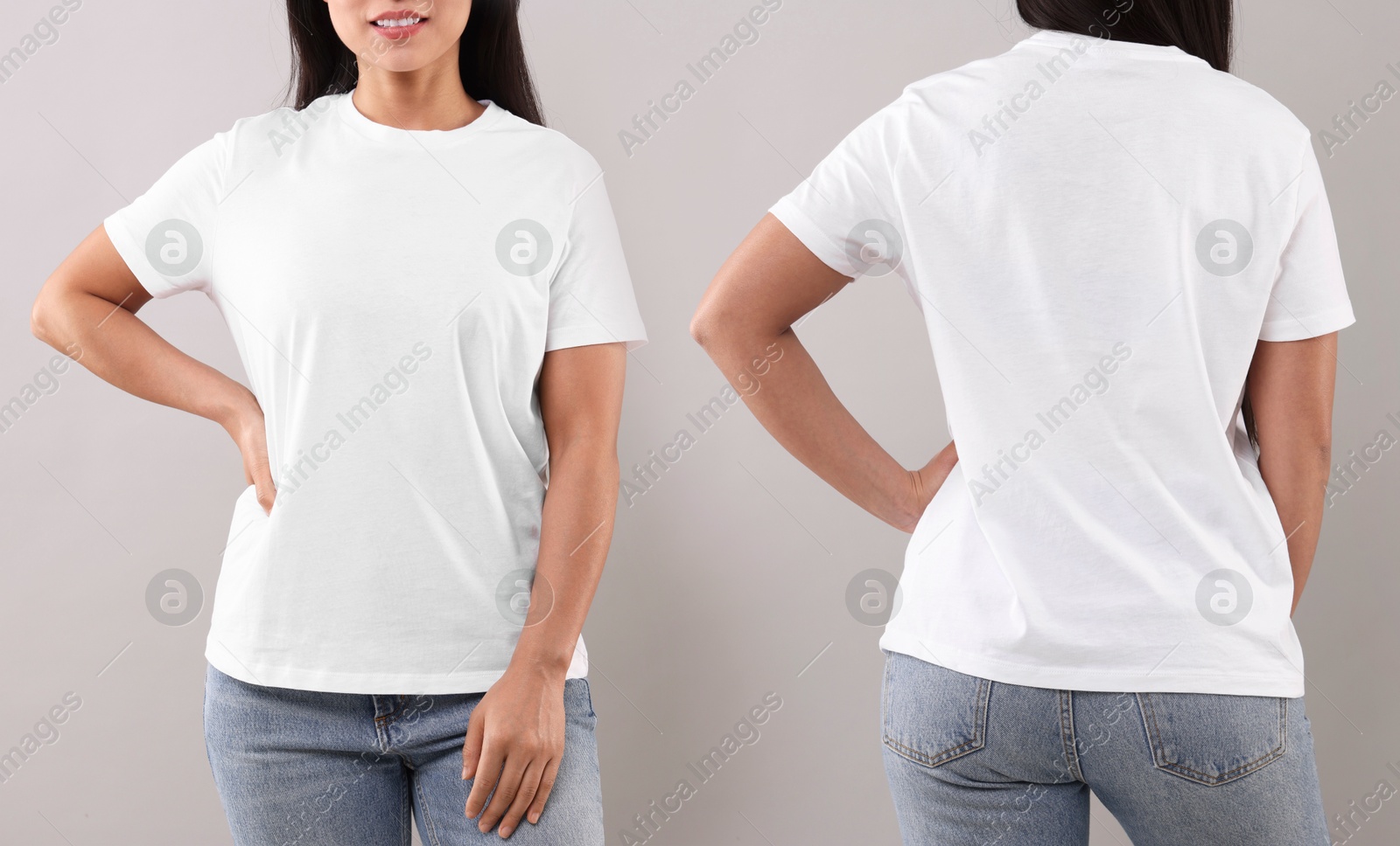 Image of Woman wearing white t-shirt on light grey background, collage of closeup photos. Front and back views