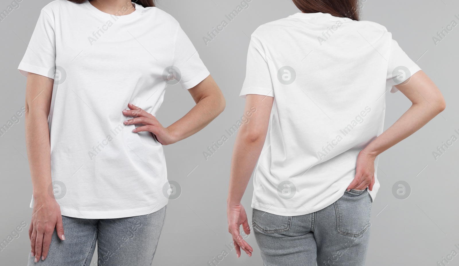 Image of Woman wearing white t-shirt on light grey background, collage of closeup photos. Front and back views