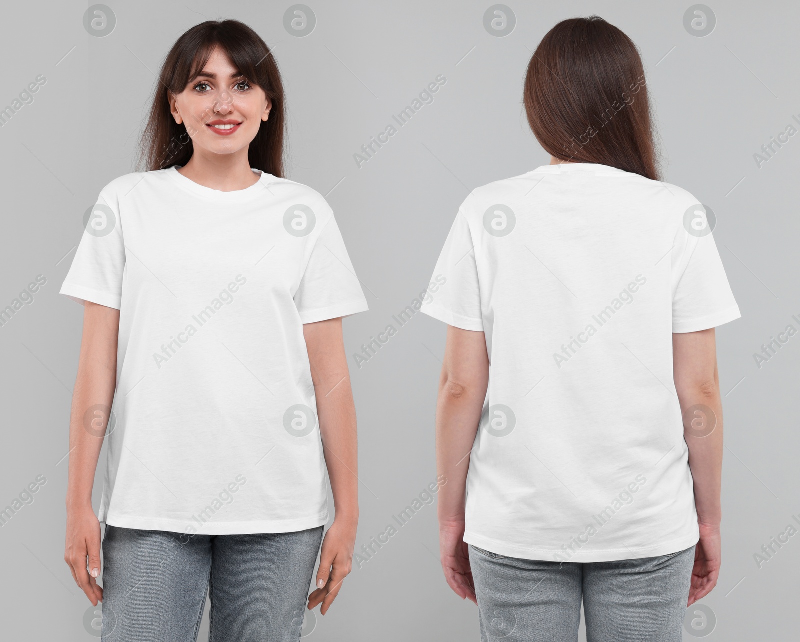 Image of Woman wearing white t-shirt on light grey background, collage of photos. Front and back views