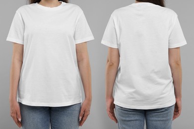 Woman wearing white t-shirt on light grey background, collage of closeup photos. Front and back views