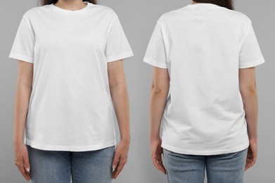 Image of Woman wearing white t-shirt on light grey background, collage of closeup photos. Front and back views