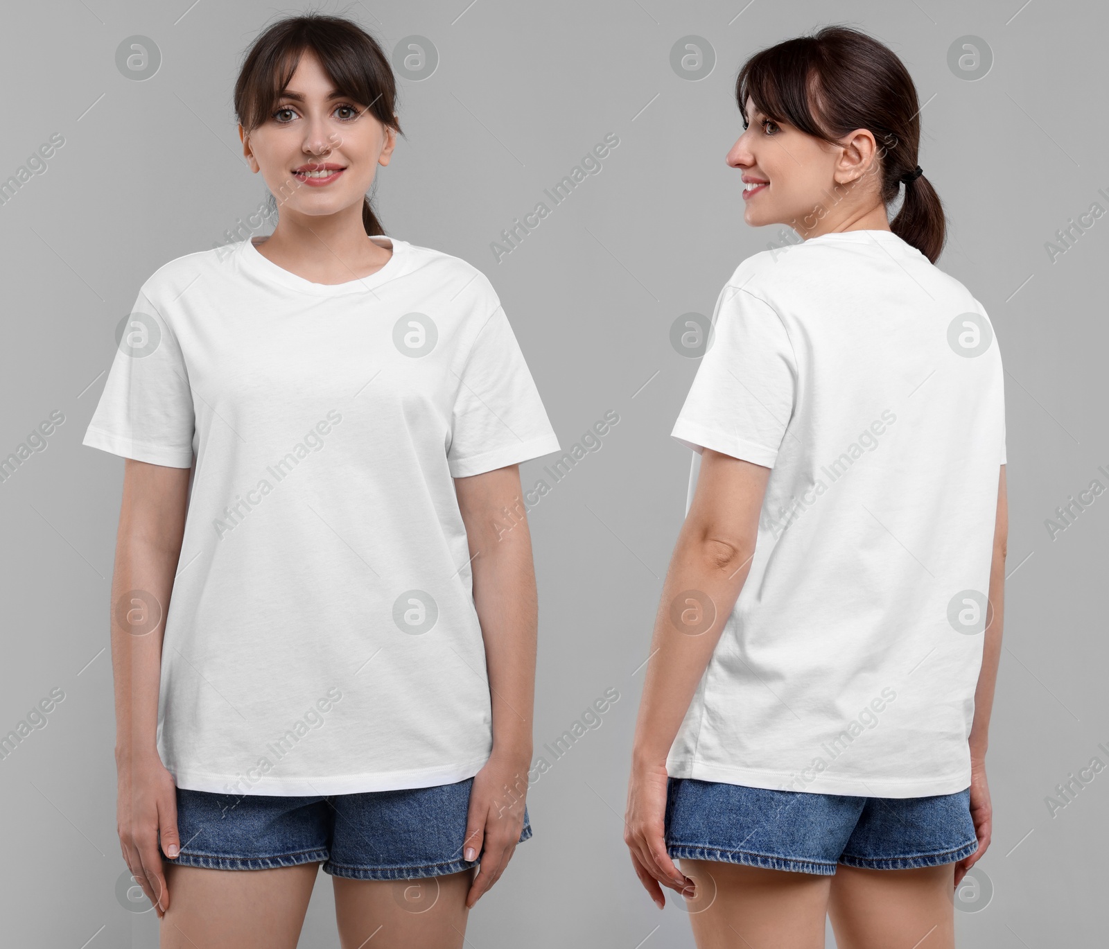 Image of Woman wearing white t-shirt on light grey background, collage of photos. Front and back views