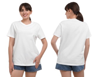 Woman wearing white t-shirt on white background, collage of photos. Front and back views