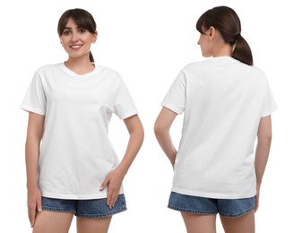 Image of Woman wearing white t-shirt on white background, collage of photos. Front and back views