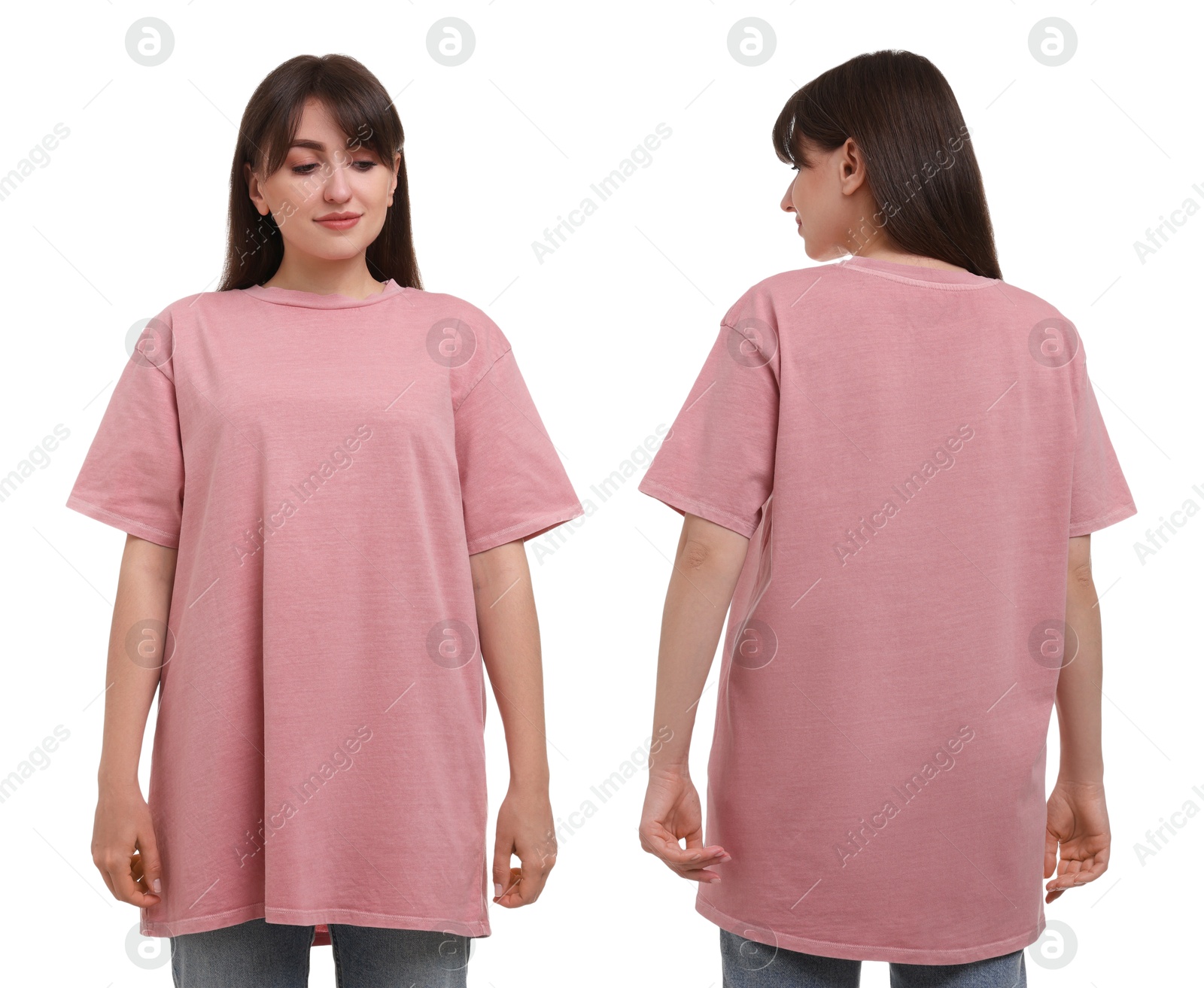 Image of Woman wearing pink t-shirt on white background, collage of photos. Front and back views