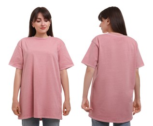 Image of Woman wearing pink t-shirt on white background, collage of photos. Front and back views