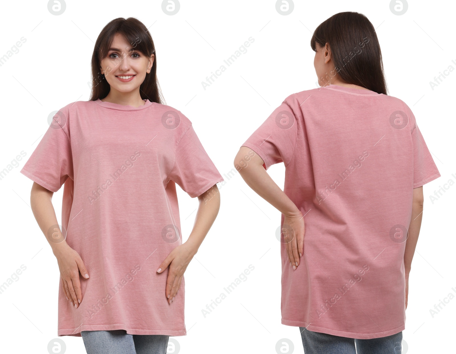 Image of Woman wearing pink t-shirt on white background, collage of photos. Front and back views