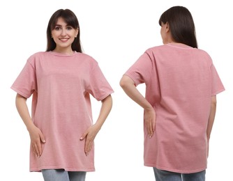 Woman wearing pink t-shirt on white background, collage of photos. Front and back views