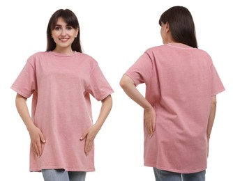 Image of Woman wearing pink t-shirt on white background, collage of photos. Front and back views