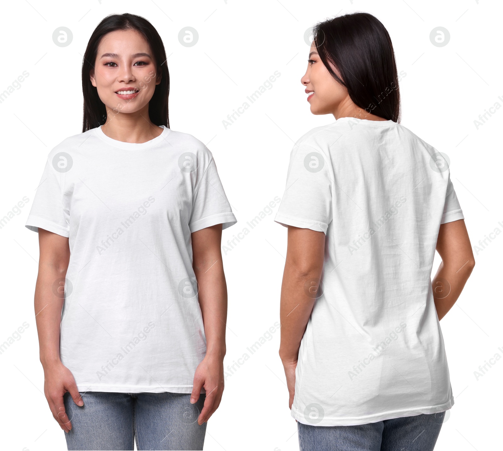 Image of Woman wearing white t-shirt on white background, collage of photos. Front and back views