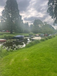 Picturesque view of canal with moored boats