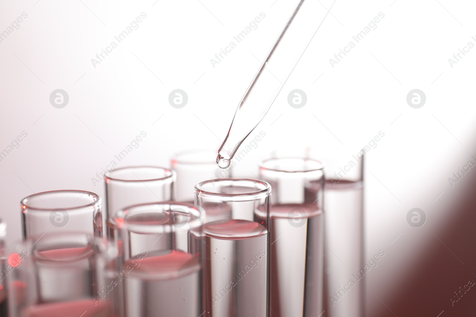 Photo of Dripping liquid from pipette into test tube on light background, closeup