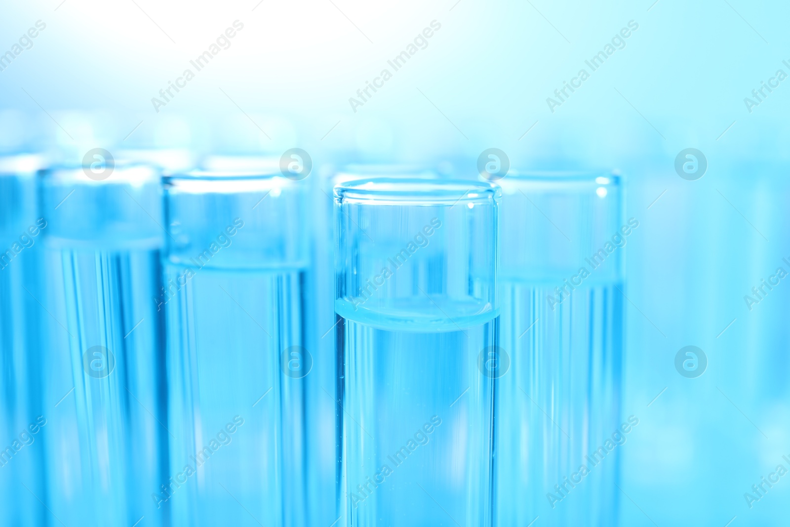 Photo of Many glass test tubes on light blue background, closeup