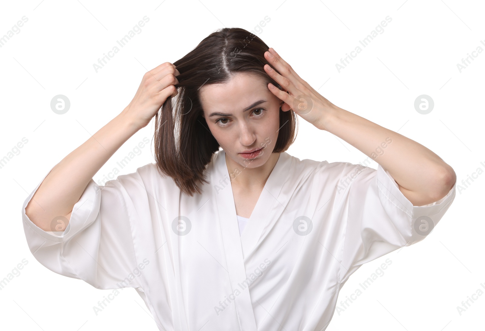 Photo of Young woman with hair loss problem on white background