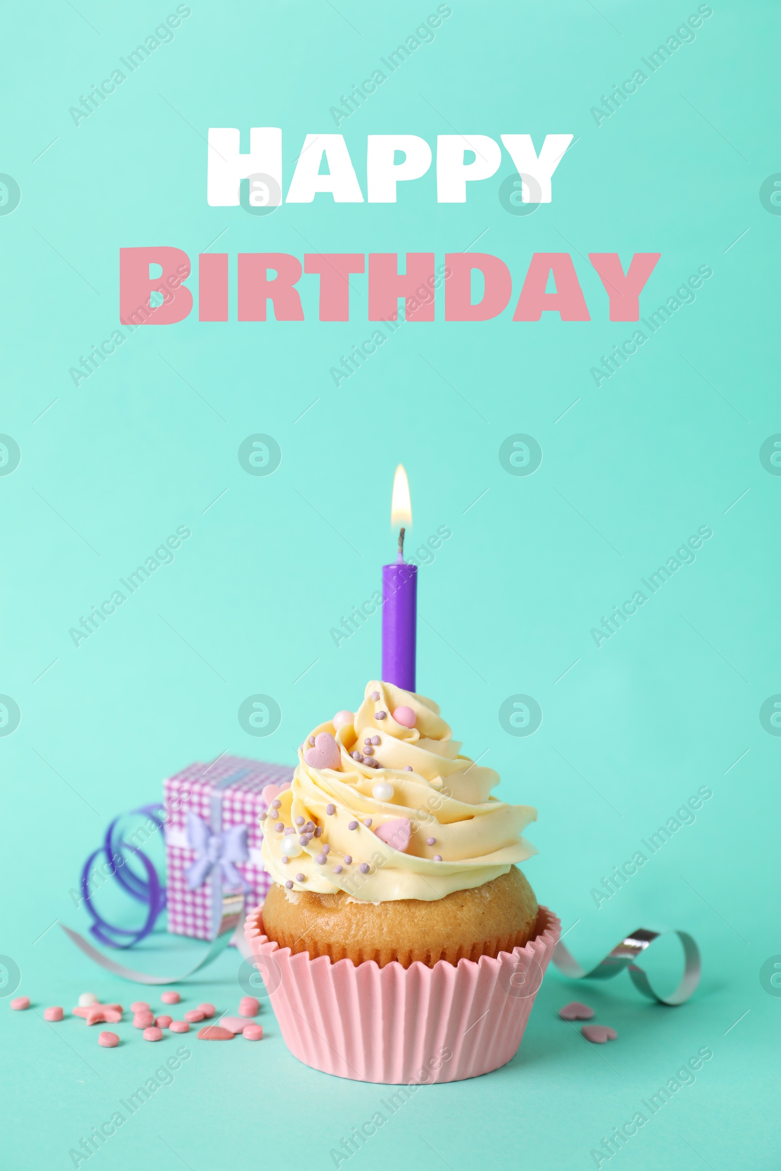 Image of Birthday card with cupcake and gift box on turquoise background