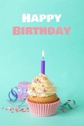 Image of Birthday card with cupcake and gift box on turquoise background