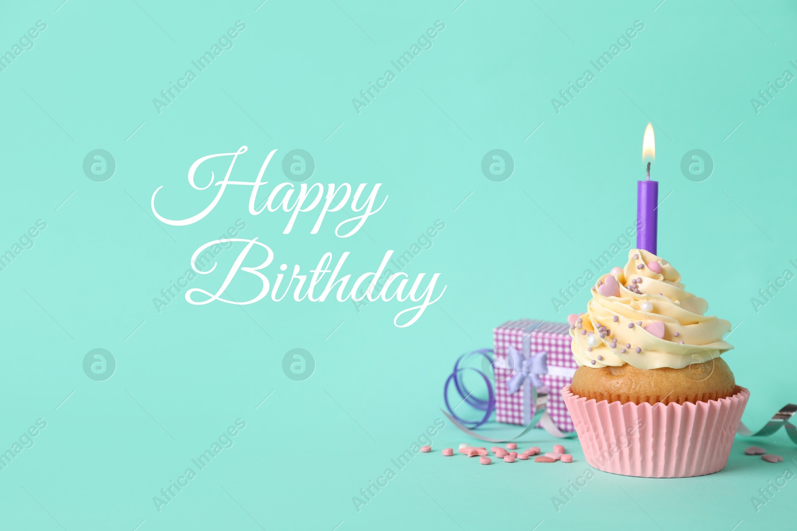 Image of Birthday card with cupcake and gift box on turquoise background