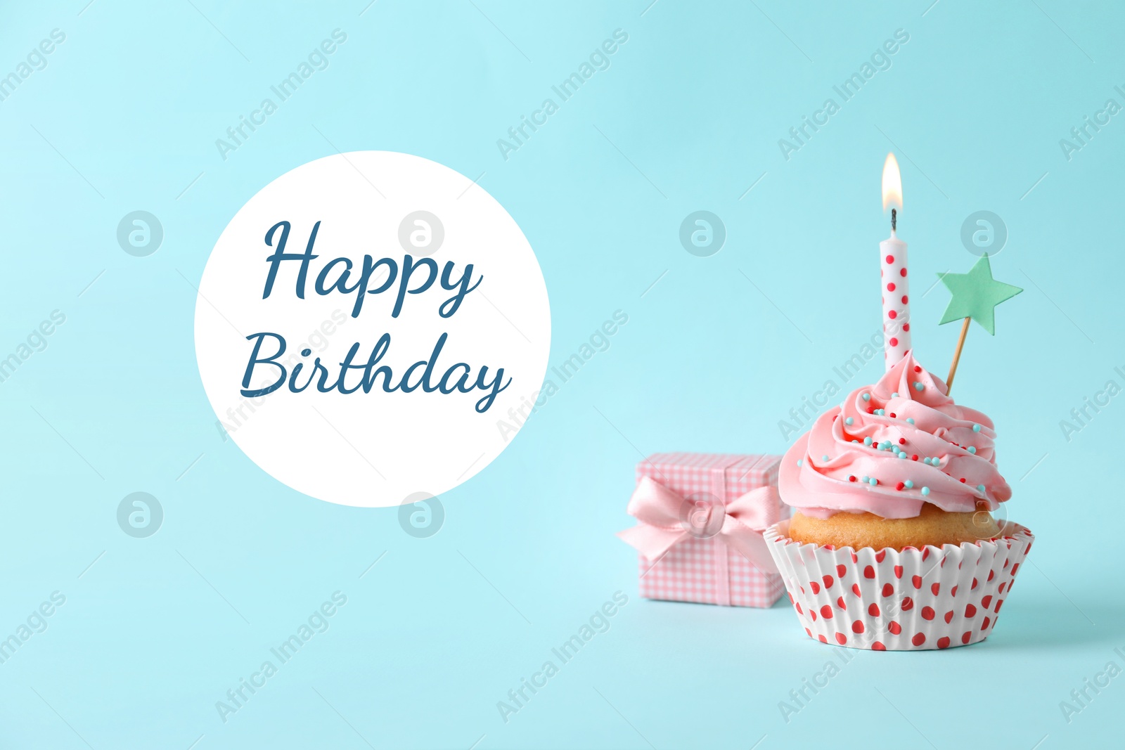 Image of Birthday card with cupcake and gift box on light blue background