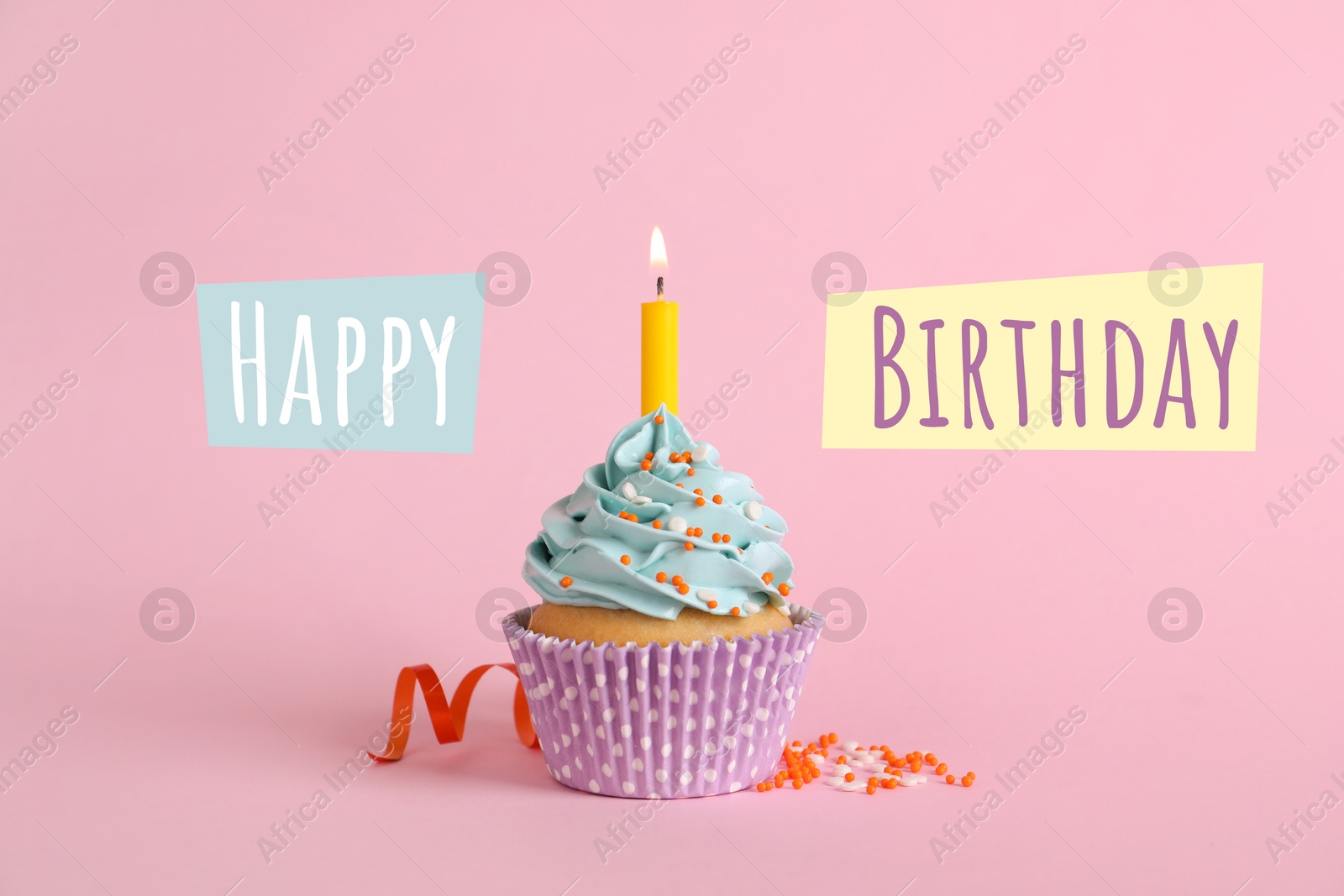 Image of Birthday cupcake with candle on pink background. Greeting card