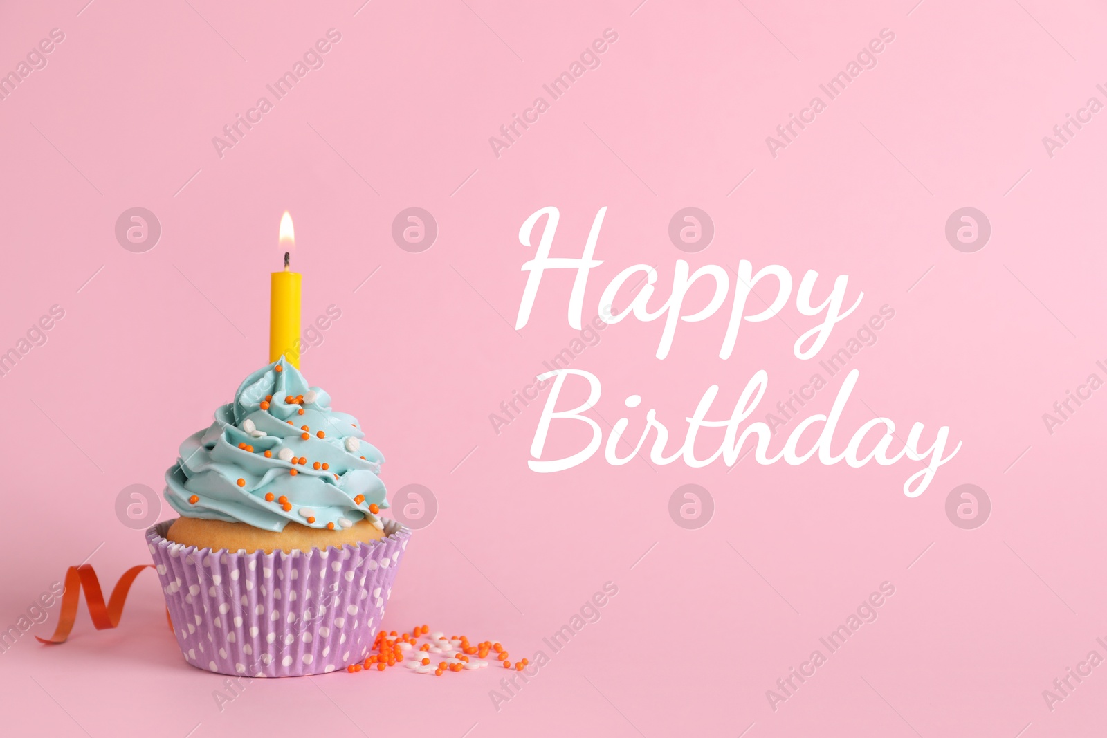 Image of Birthday cupcake with candle on pink background. Greeting card