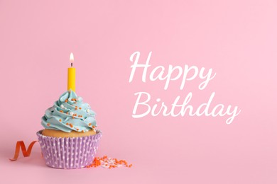 Image of Birthday cupcake with candle on pink background. Greeting card