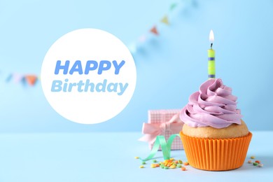 Image of Birthday card with cupcake and gift box on light blue background