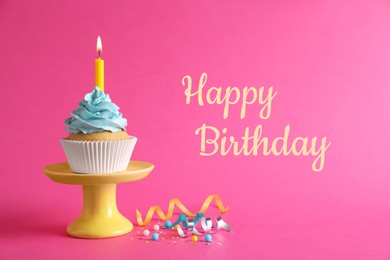 Image of Birthday cupcake with candle on pink background. Greeting card