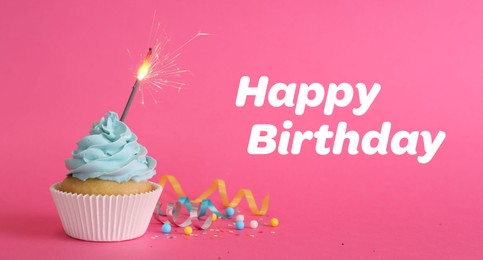 Image of Birthday cupcake with sparkler on pink background. Greeting card